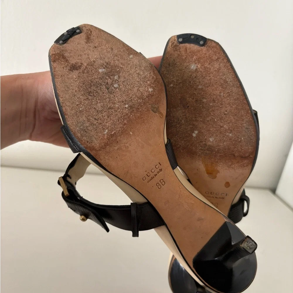 Gucci Black Strappy Kitten Heels with Gold Buckle Detail - Picture 8 of 10